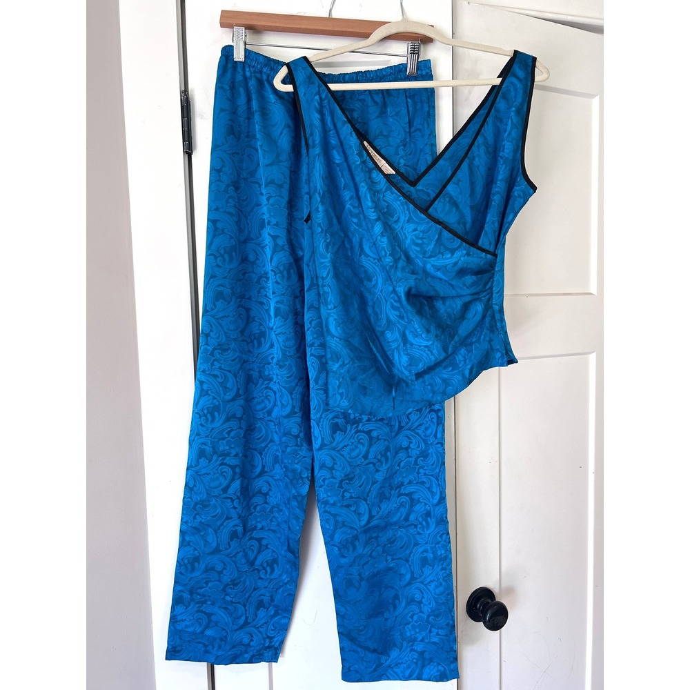 Victoria's Secret Vintage Pajama Set S Blue Gold Label Damask 90s Lingerie Satin